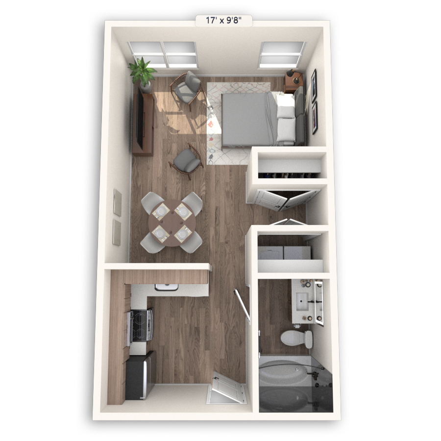 Rendering of the New York floor plan with a Studio bedroom and 1 bathroom[s] at Griffis at The Domain