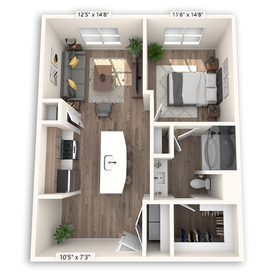 Rendering of the Paris floor plan with 1 bedroom[s] and 1 bathroom[s] at Griffis at The Domain