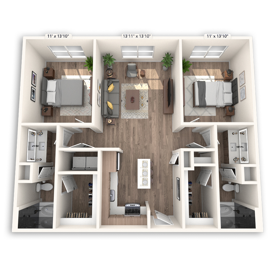 Rendering of the Tel Aviv Platinum floor plan with 2 bedroom[s] and 2 bathroom[s] at Griffis at The Domain