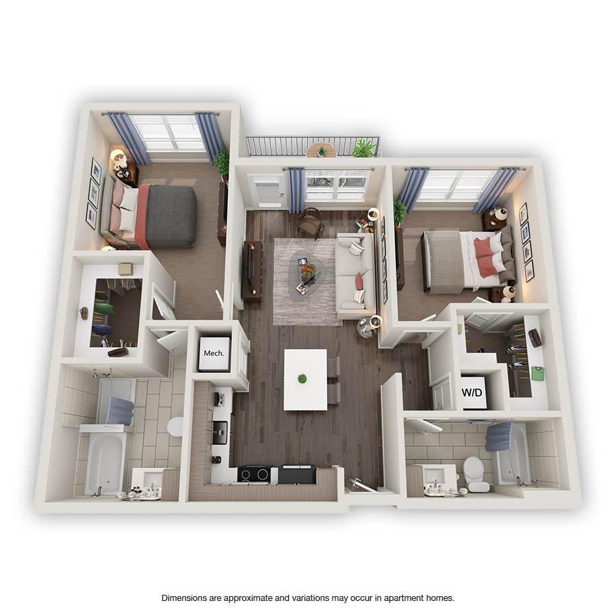 Rendering of the Okeechobee floor plan with 2 bedroom[s] and 2 bathroom[s] at Griffis North Olive