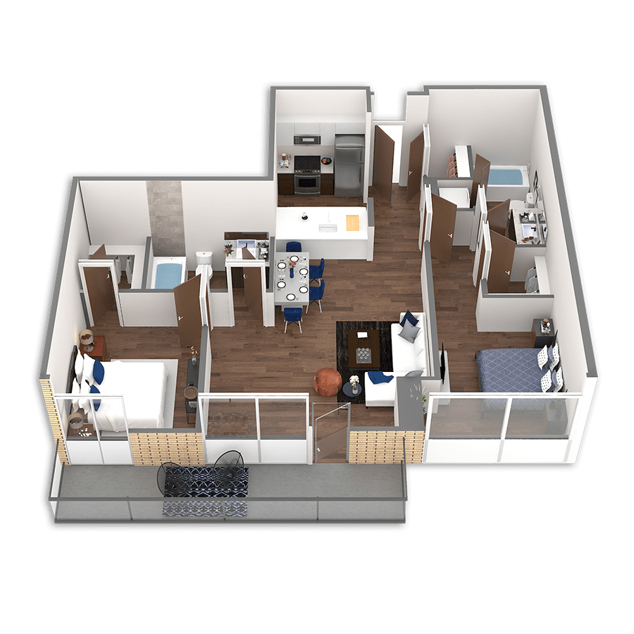 Rendering of the Miami Platinum Penthouse floor plan with 2 bedroom[s] and 2 bathroom[s] at Griffis South Waterfront