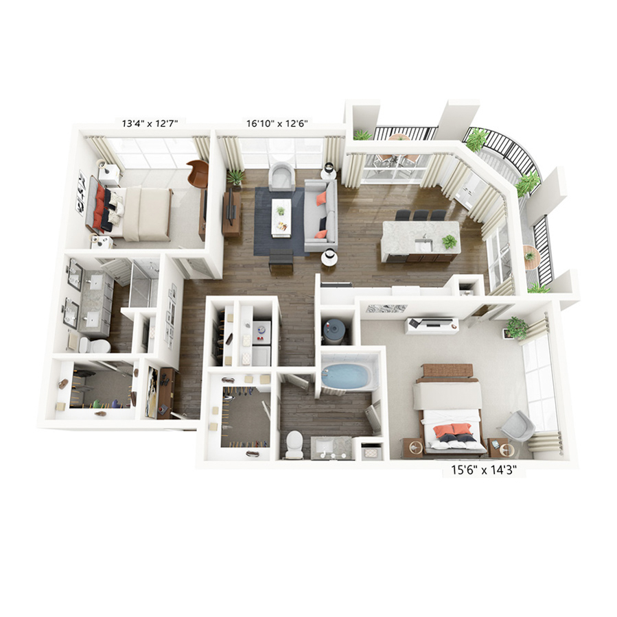 Rendering of the Stonebrook floor plan with 2 bedroom[s] and 2 bathroom[s] at Griffis Frisco