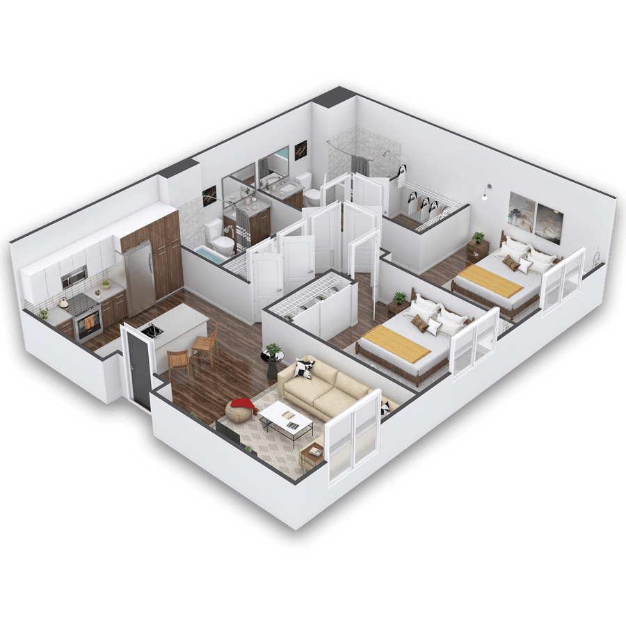 Rendering of the Quintana Platinum floor plan with 2 bedroom[s] and 2 bathroom[s] at Griffis Cherry Creek