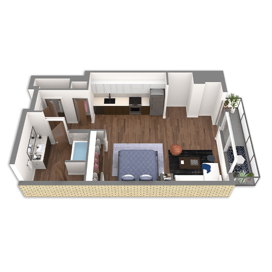 Rendering of the Wallowa floor plan with a Studio bedroom and 1 bathroom[s] at Griffis South Waterfront