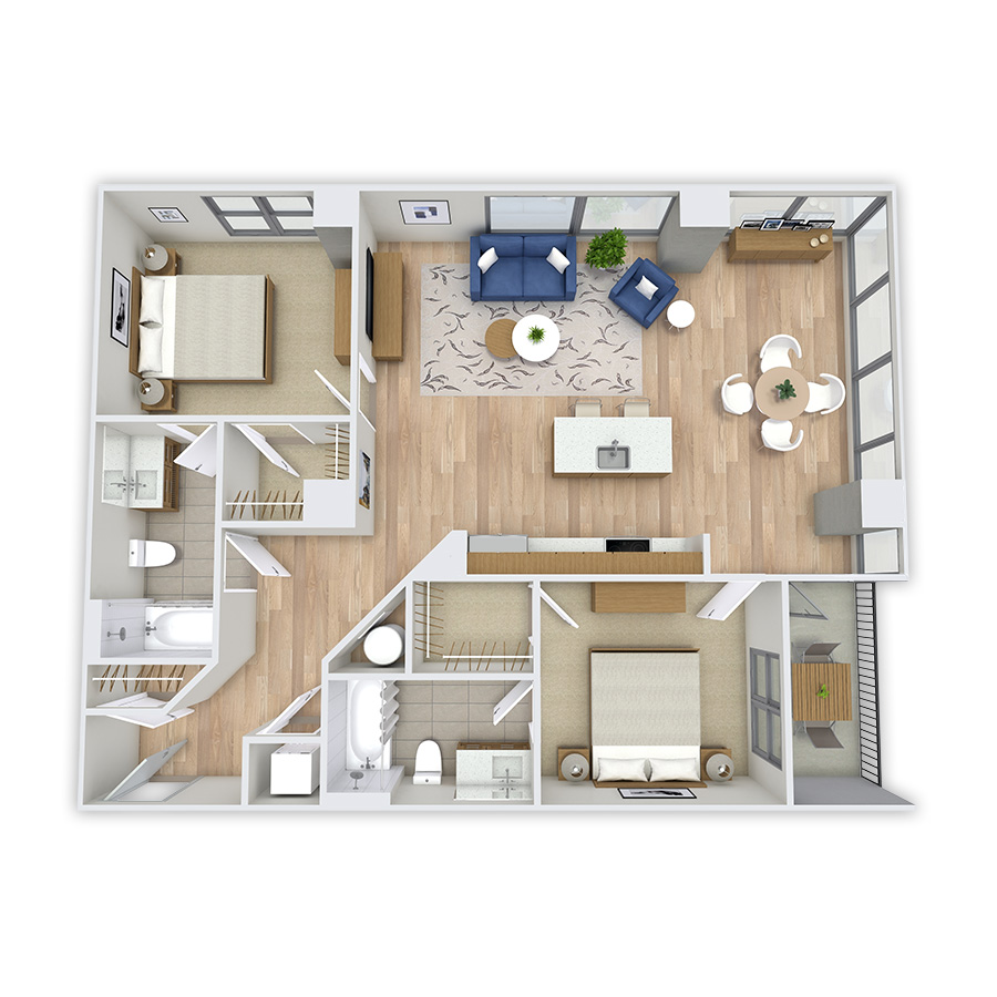 Rendering of the Logan floor plan with 2 bedroom[s] and 2 bathroom[s] at Griffis Platform Union Station