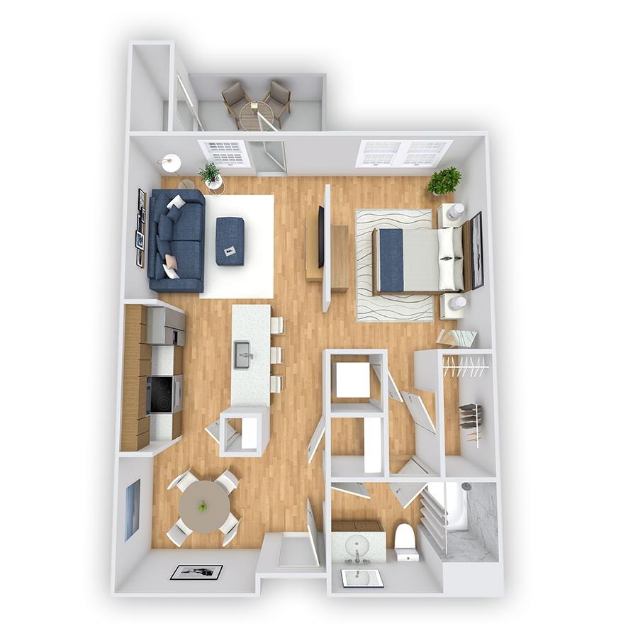 Rendering of the Montague Platinum floor plan with 1 bedroom[s] and 1 bathroom[s] at Griffis South Bay