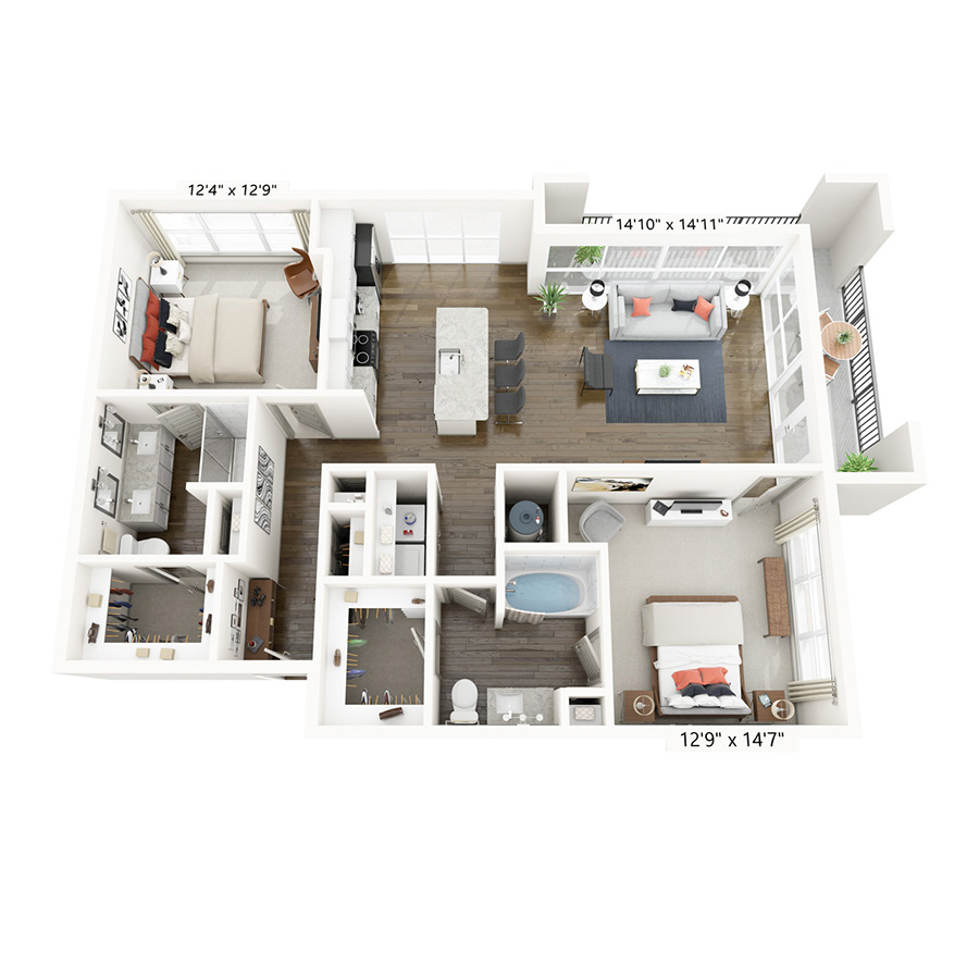 Rendering of the Teel floor plan with 2 bedroom[s] and 2 bathroom[s] at Griffis Frisco