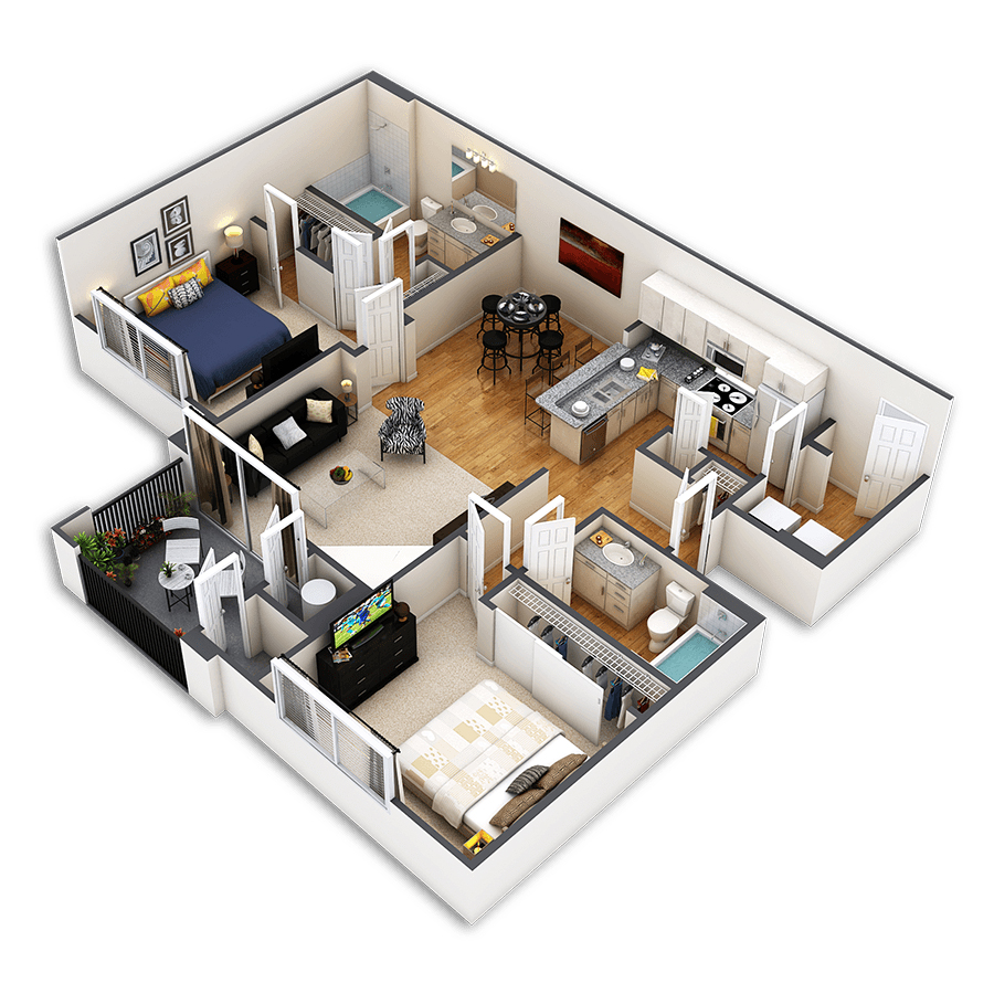 Rendering of the Alexander floor plan with 2 bedroom[s] and 2 bathroom[s] at Sagebrook