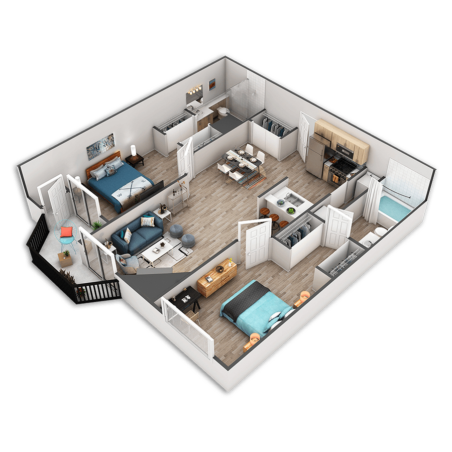 Rendering of the Alaskan floor plan with 2 bedroom[s] and 2 bathroom[s] at Griffis Belltown