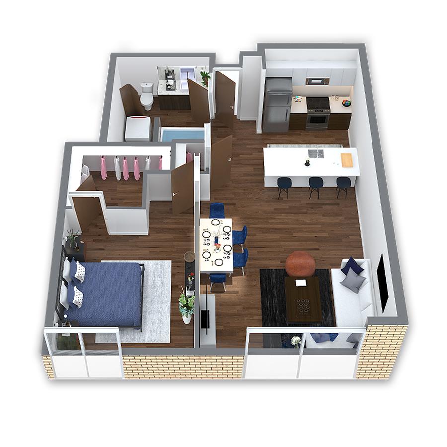 Rendering of the Rogue floor plan with 1 bedroom[s] and 1 bathroom[s] at Griffis South Waterfront