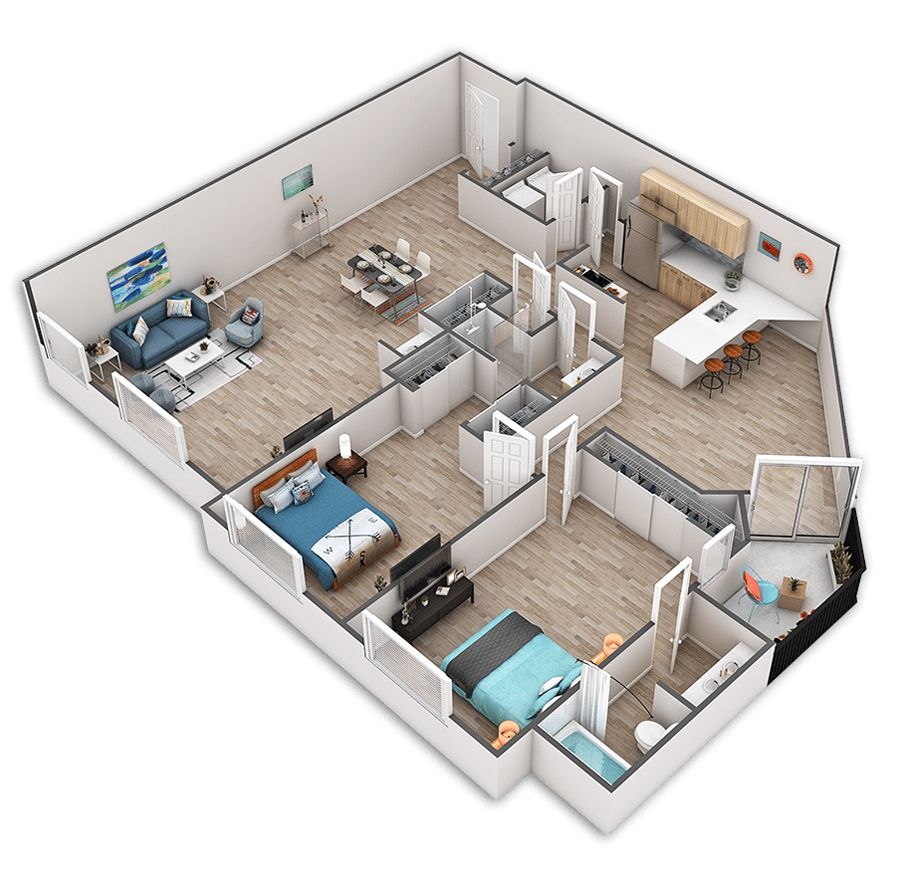 Rendering of the Snoqualmie Platinum floor plan with 2 bedroom[s] and 2 bathroom[s] at Griffis Belltown