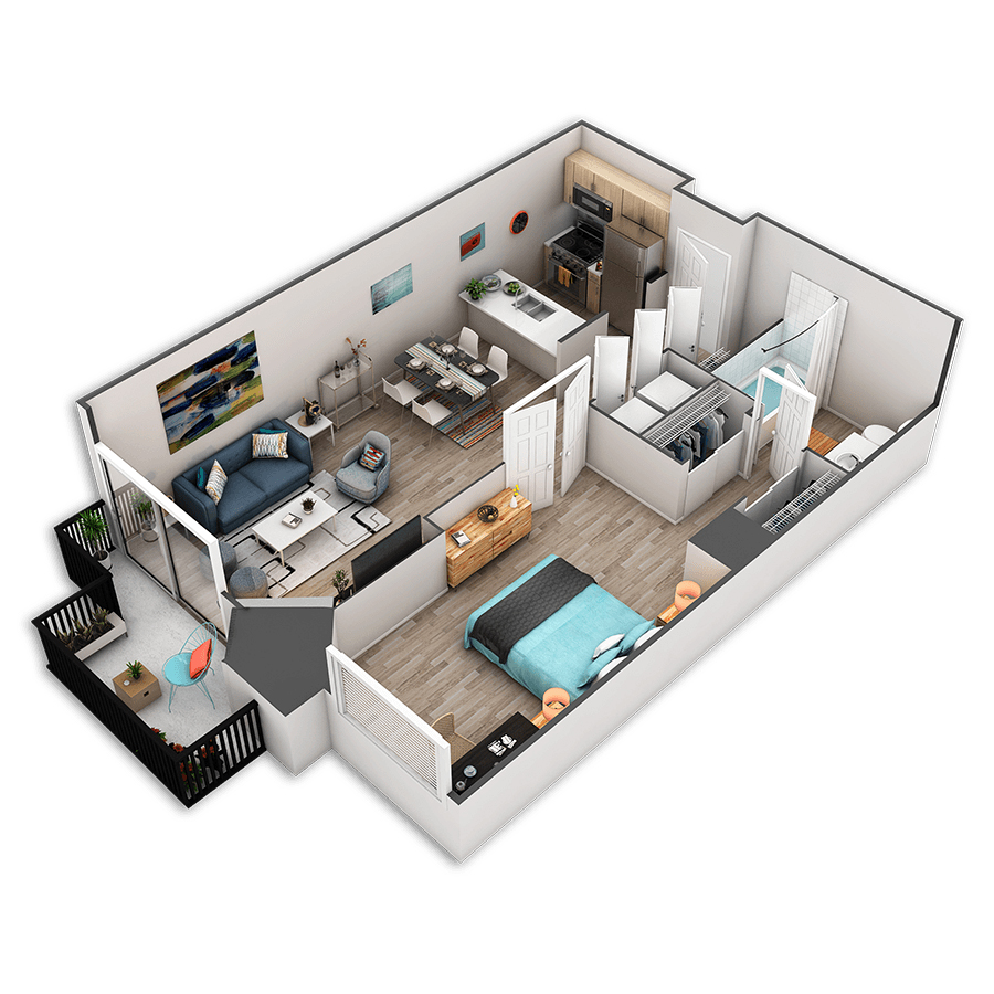 Rendering of the Magnolia Platinum floor plan with 1 bedroom[s] and 1 bathroom[s] at Griffis Belltown