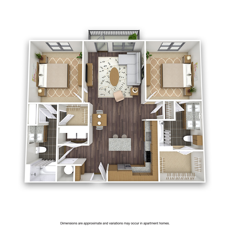 Rendering of the Turtle Creek floor plan with 2 bedroom[s] and 2 bathroom[s] at Griffis Oak Lawn