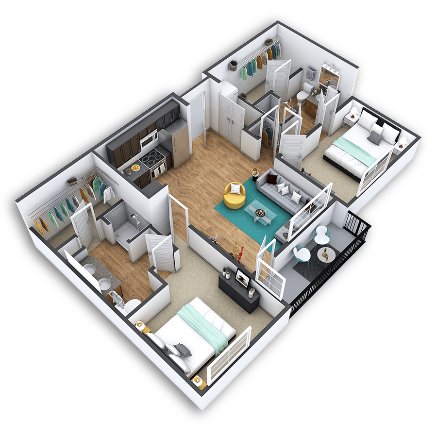 Rendering of the Platt Park Platinum floor plan with 2 bedroom[s] and 2 bathroom[s] at Griffis North Union