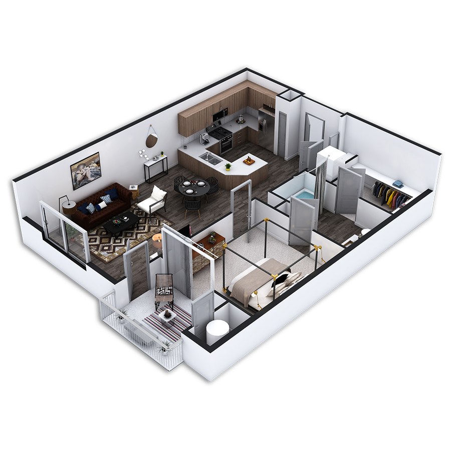 Rendering of the Humboldt Platinum floor plan with 1 bedroom[s] and 1 bathroom[s] at Griffis Pine Avenue