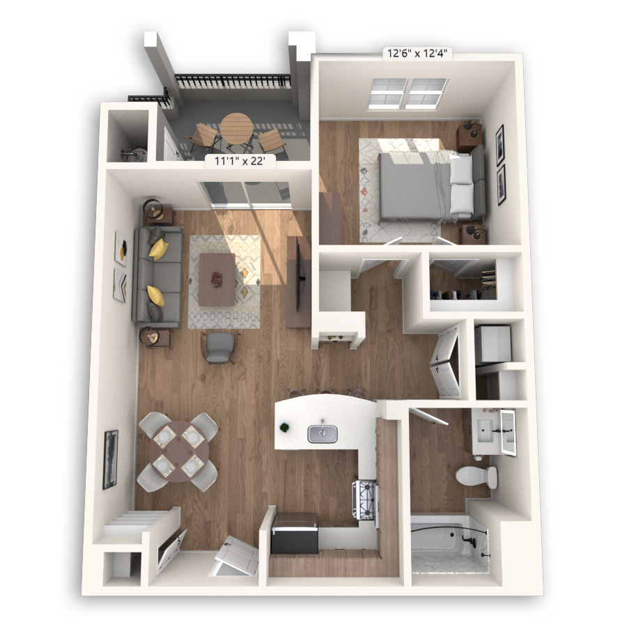 Rendering of the Mission Platinum floor plan with 1 bedroom[s] and 1 bathroom[s] at Griffis Mission Valley