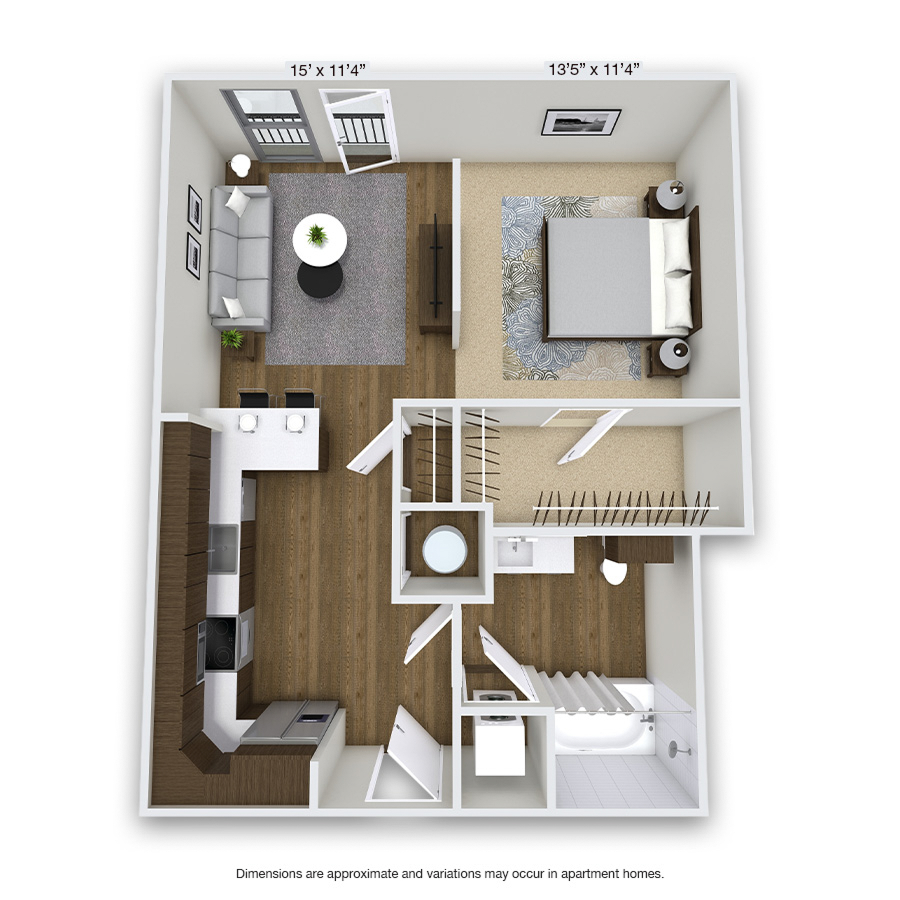 Rendering of the Cedar floor plan with a Studio bedroom and 1 bathroom[s] at Griffis Cherry Creek North