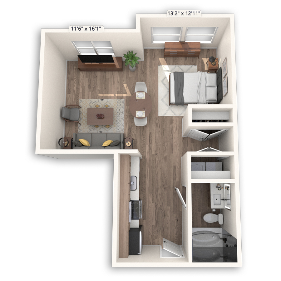 Rendering of the London floor plan with a Studio bedroom and 1 bathroom[s] at Griffis at The Domain