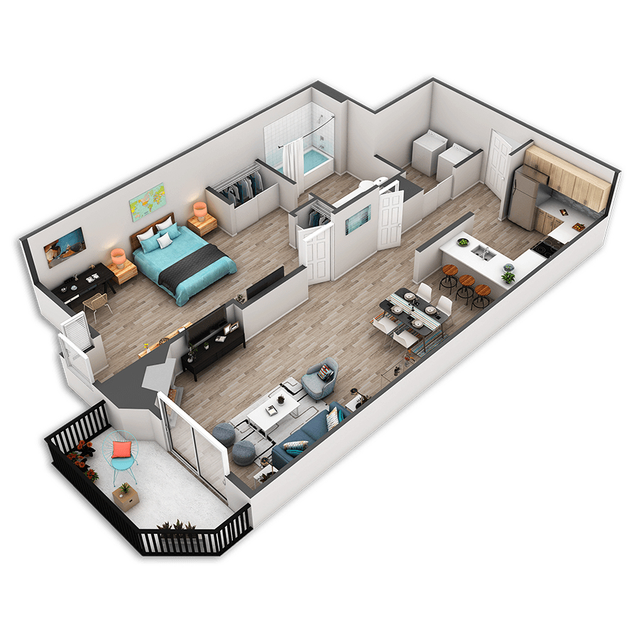 Rendering of the Western floor plan with 1 bedroom[s] and 1 bathroom[s] at Griffis Belltown