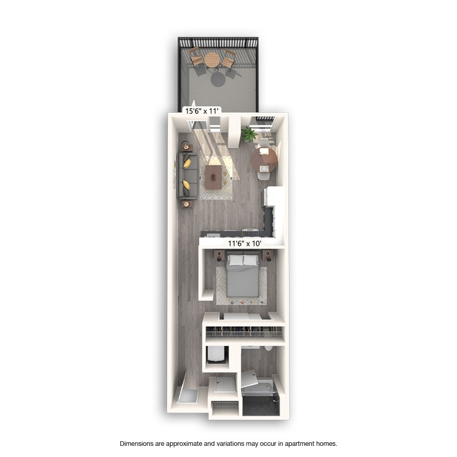 Rendering of the Enterprise Platinum floor plan with 1 bedroom[s] and 1 bathroom[s] at Griffis East Village