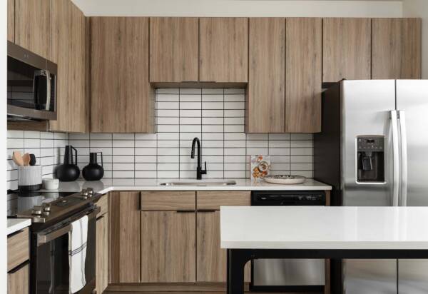 Griffis at The Domain apartment with stainless steel appliances and quartz countertops.