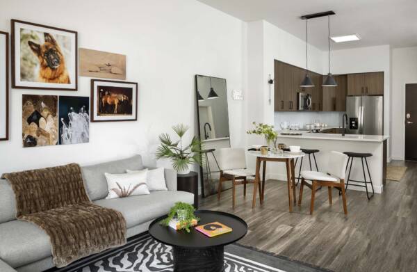 Griffis Cherry Creek North apartment living room with wood style floor.