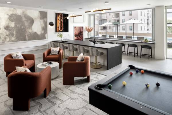 Griffis Cherry Creek North community resident lounge with pool table.