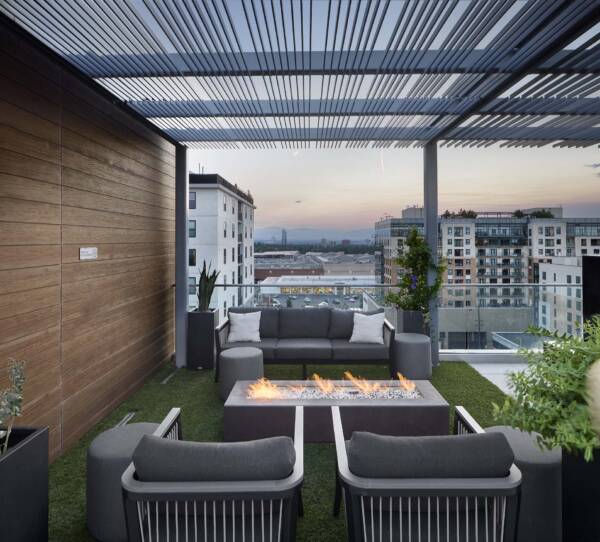 Griffis Cherry Creek North community rooftop deck with fire pit.
