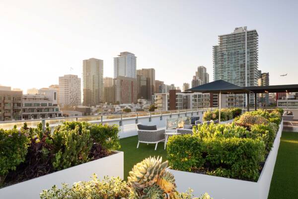 Griffis East Village apartment community rooftop lounge in San Diego, CA..