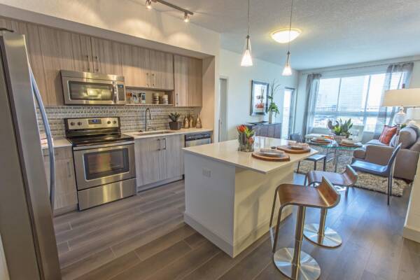 Griffis North Olive apartment kitchen with wood style floor and stainless steel appliances.