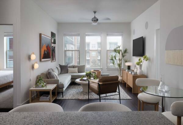 Griffis Oak Lawn apartment living room with wood style floor.