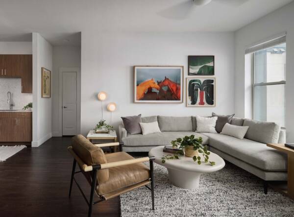 Griffis Oak Lawn apartment living room with wood style floor.
