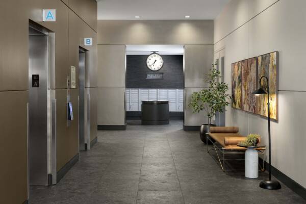 Apartment community lobby with elevators at Griffis Platform Union Station in Denver, CO
