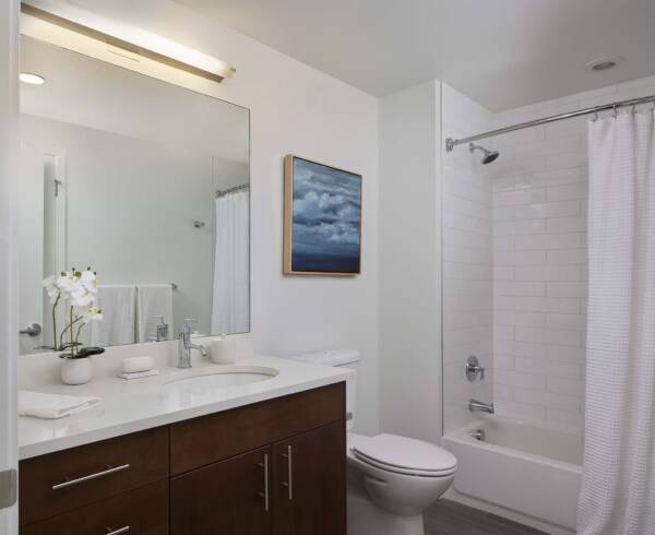 Apartment bathroom with soaking tub.