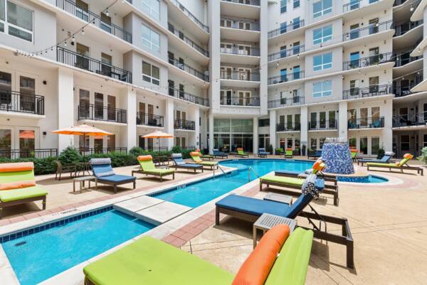 Apartment community pool at Griffis Uptown in Dallas, TX.