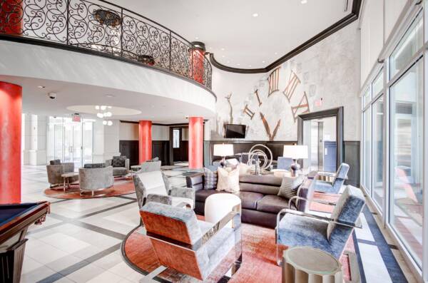 Apartment community resident lounge at Griffis Uptown in Dallas, TX.